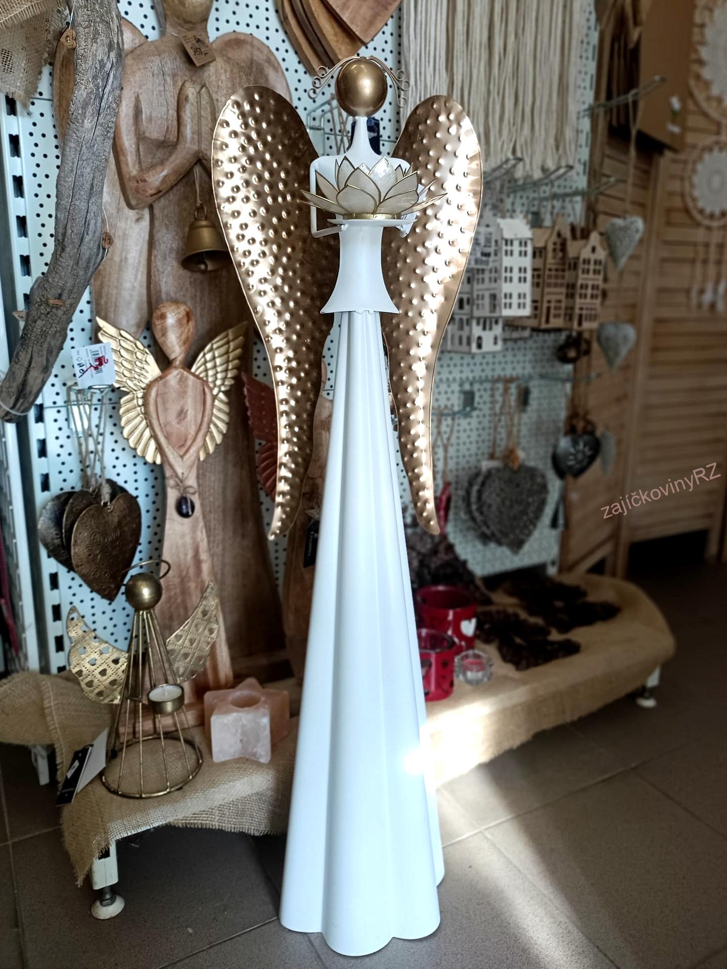 Plechový anděl MAXI, zlatá křídla, svícen, 100 cm