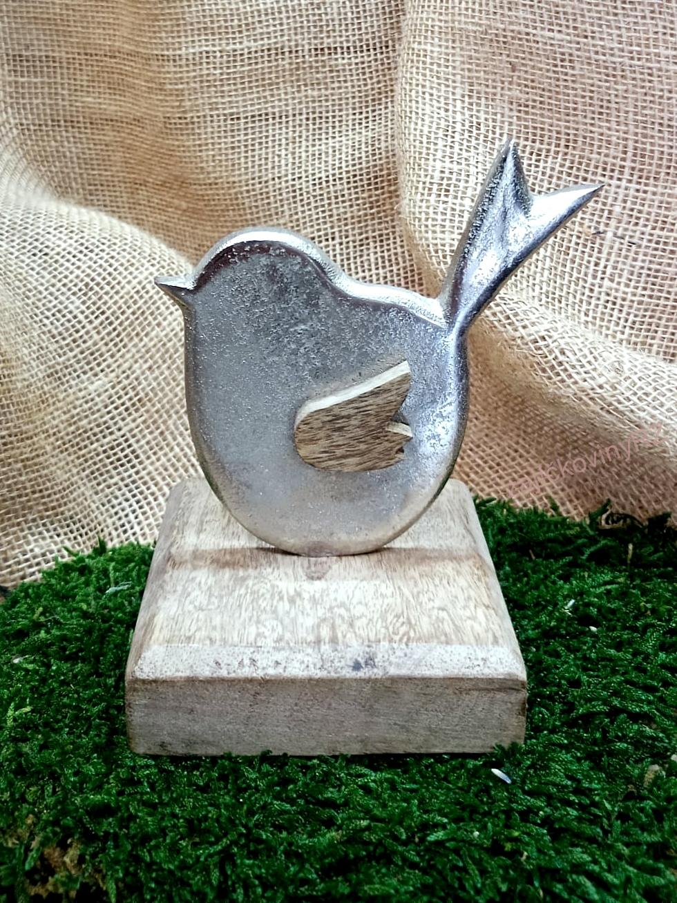 Ptáček stříbrný na dřevěném podstavci, 10 cm