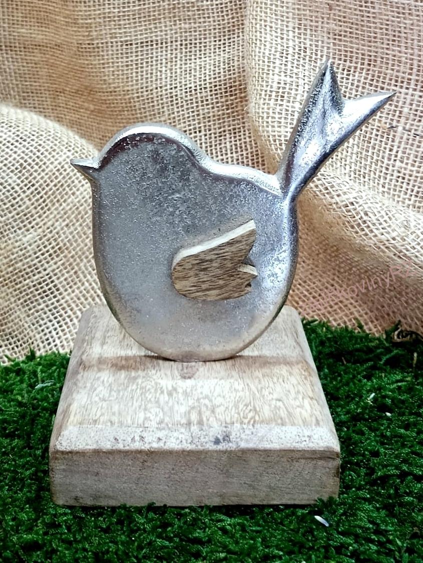 Ptáček stříbrný na dřevěném podstavci, 13 cm