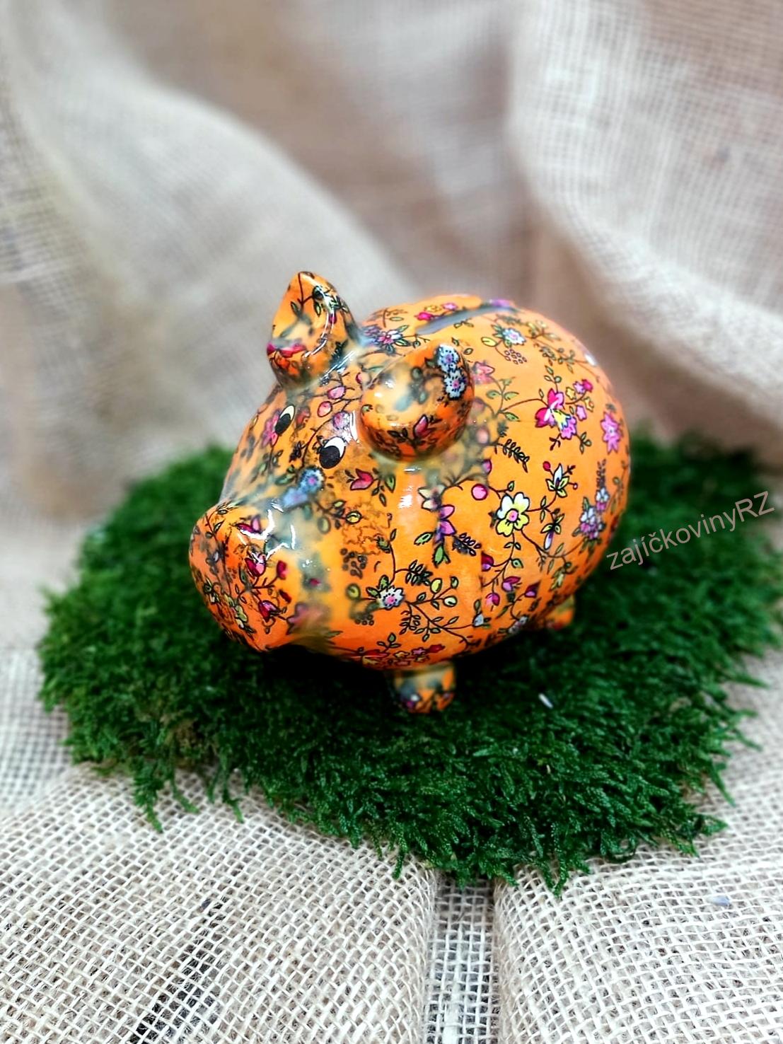 Pokladnička prasátko, oranžové s květy, 15 cm
