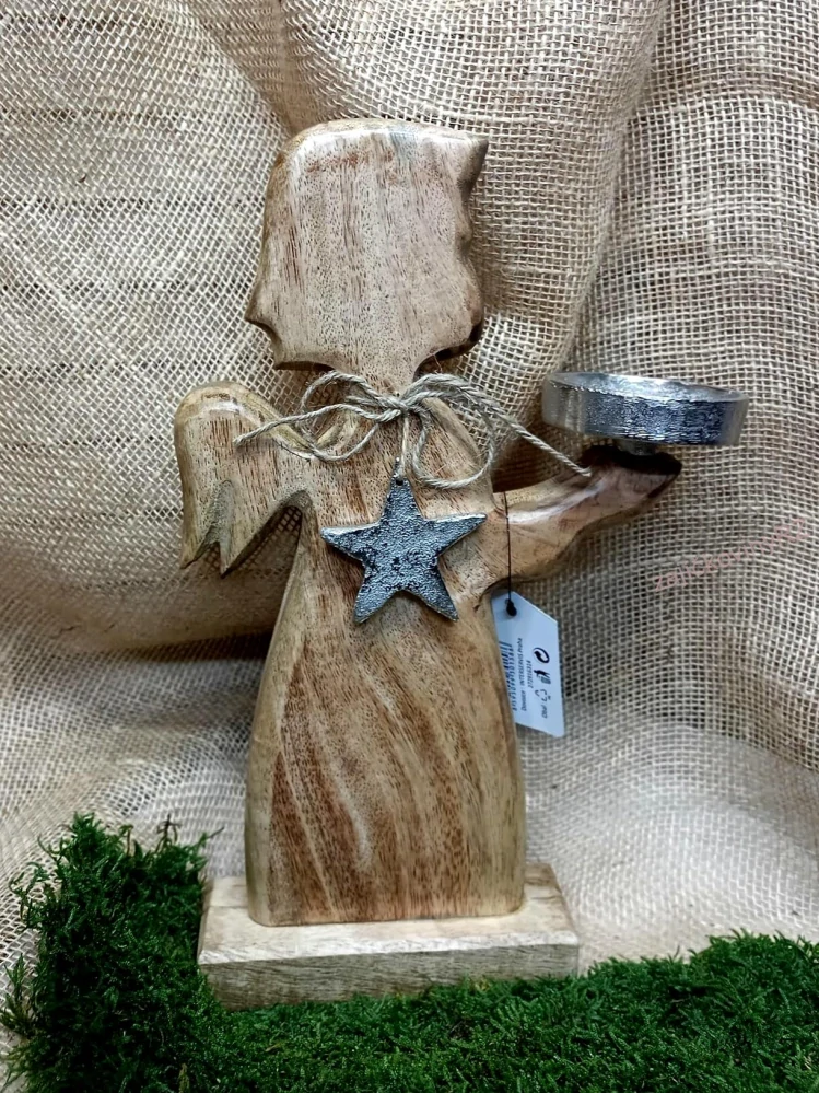 Dřevěný anděl, kovová miska na svíčku
