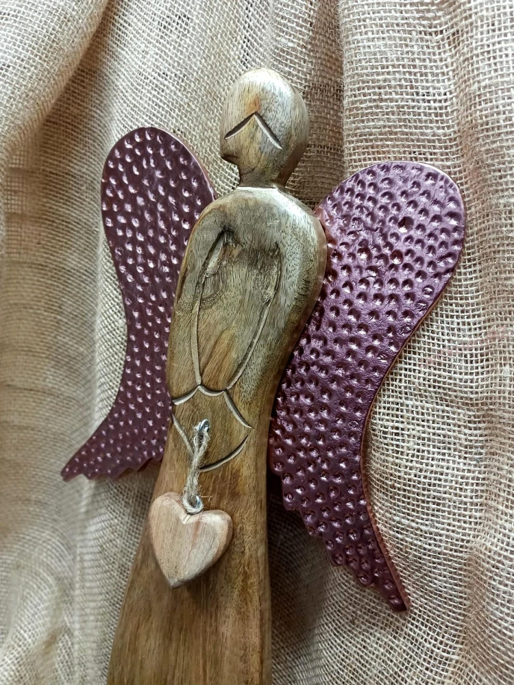 Dřevěný anděl XL, kovová křídla, MĚDĚNÁ, SRDCE, 50 cm