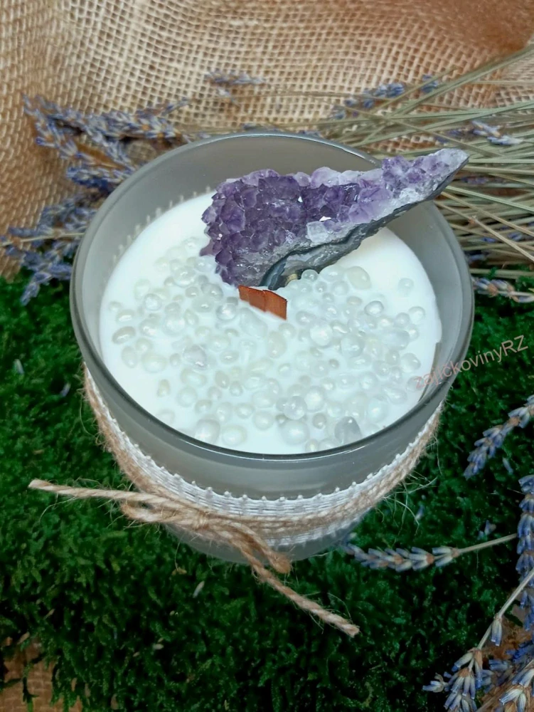 Vonná svíčka s minerály, AMETYSTOVÁ DRÚZA, křišťál aura, velká, 400g