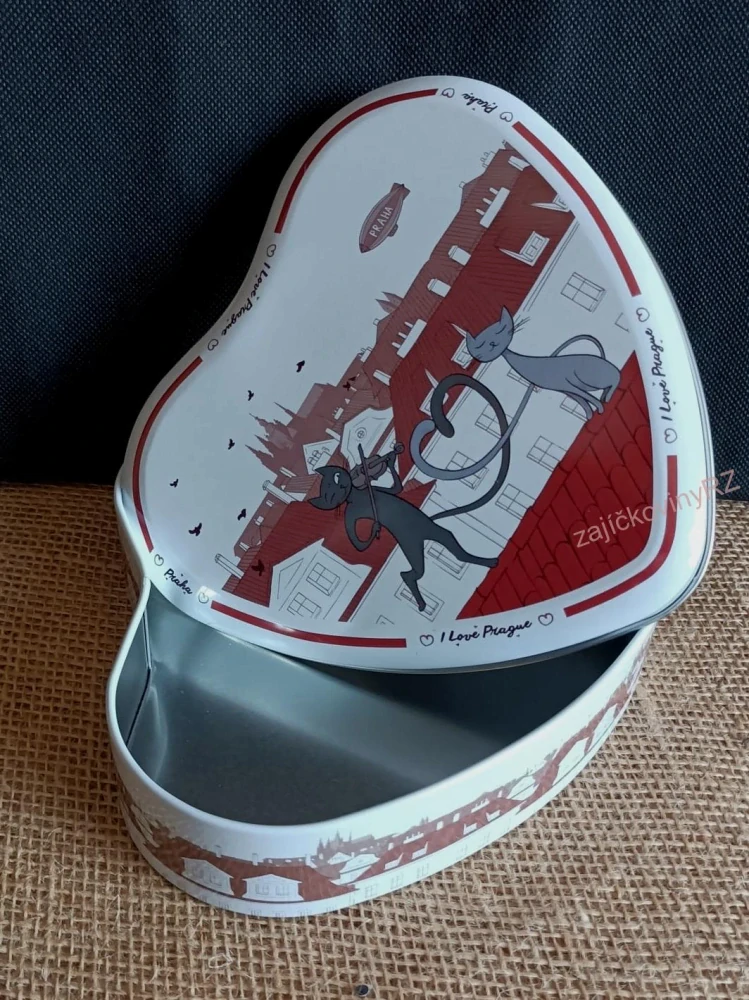 Dóza plechové srdíčko, potisk kočky, 15,5 cm