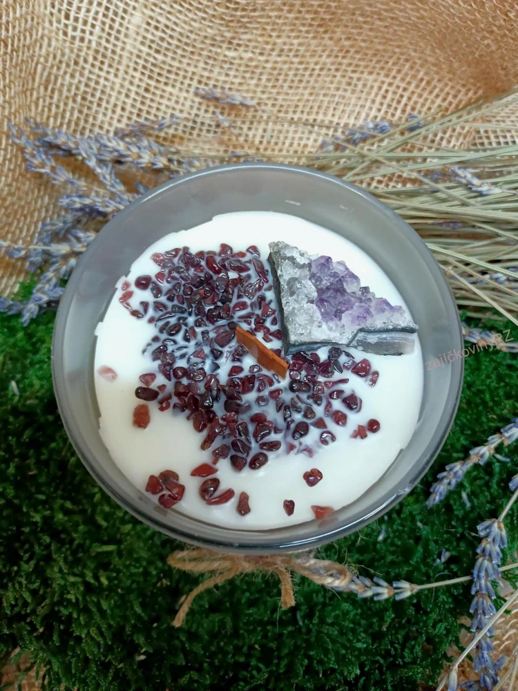 Vonná svíčka s minerály, AMETYSTOVÁ DRÚZA, granát, velká, 400g