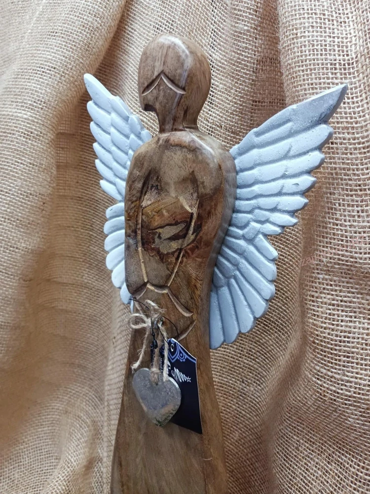 Dřevěný anděl XL, kovová křídla, BÍLÁ, 50 cm