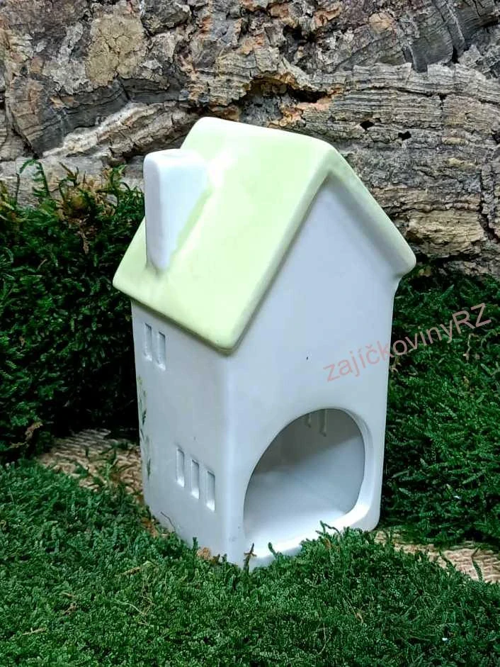 Domeček na svíčku, bílý s rostlinkami, 14 cm