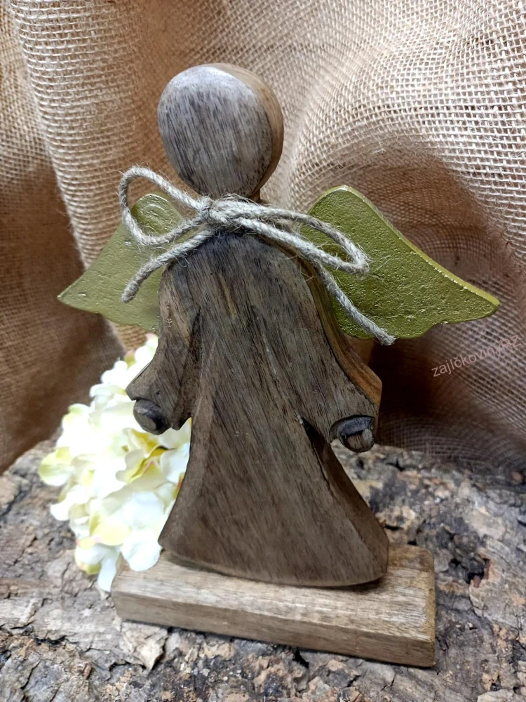 Dřevěný anděl, ZLATÁ křídla, 28 cm