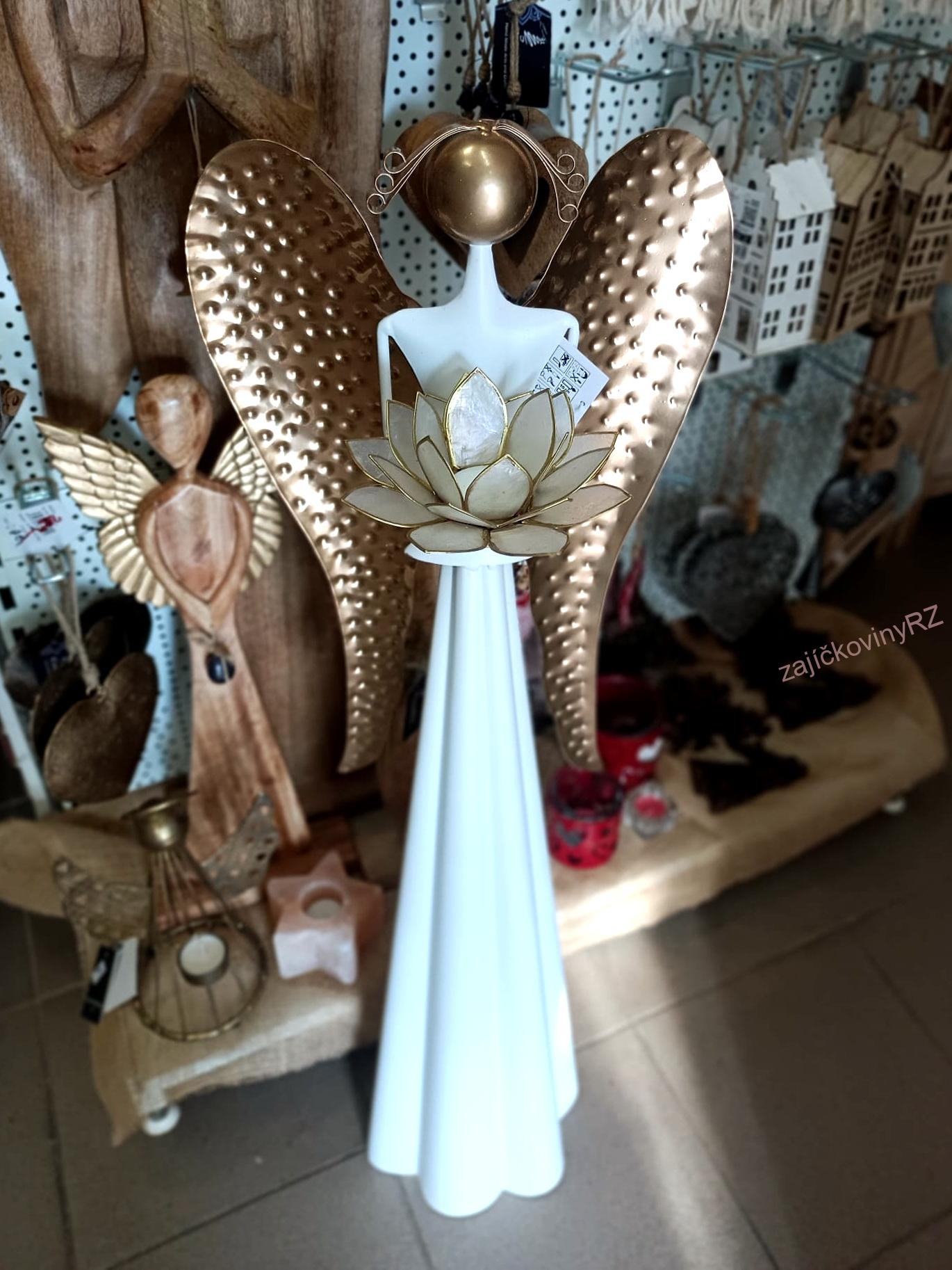 Plechový anděl MAXI, zlatá křídla, svícen, 100 cm