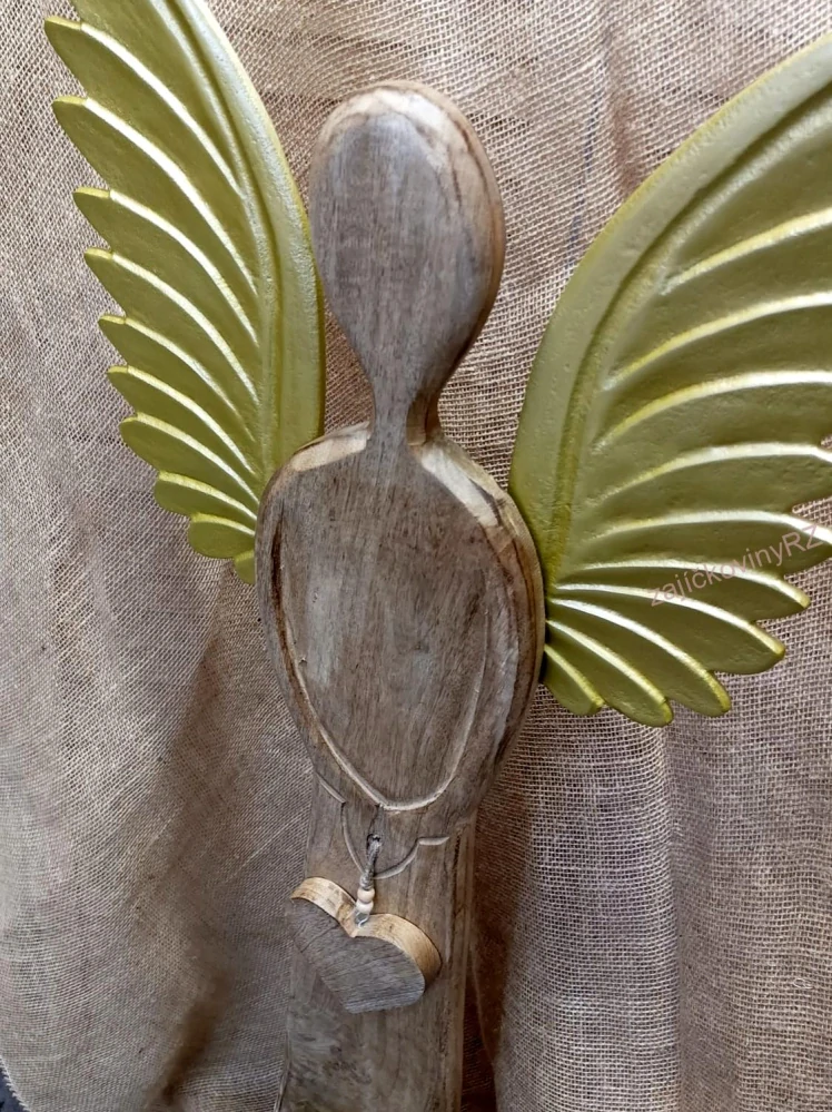 Dřevěný anděl MAXI, ZLATÁ kovová křídla, 115 cm