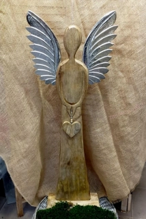 Dřevěný anděl MAXI, stříbrná kovová křídla, 115 cm