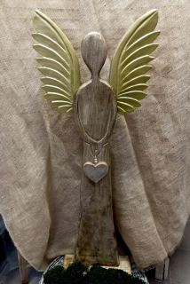 Dřevěný anděl MAXI, ZLATÁ kovová křídla, 115 cm