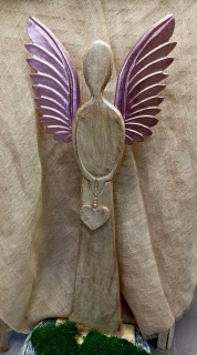 Dřevěný anděl MAXI, MĚDĚNÁ kovová křídla, 115 cm