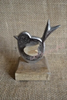 Ptáček stříbrný na dřevěném podstavci, 10 cm