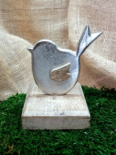 Ptáček stříbrný na dřevěném podstavci, 10 cm