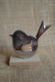Ptáček stříbrný na dřevěném podstavci, 13 cm