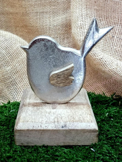 Ptáček stříbrný na dřevěném podstavci, 13 cm