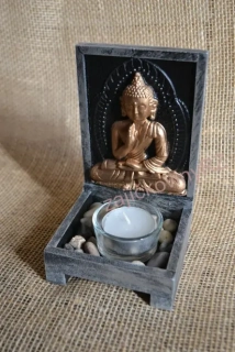 Buddha svícen malý, polyresin, 15,5x9,5 cm