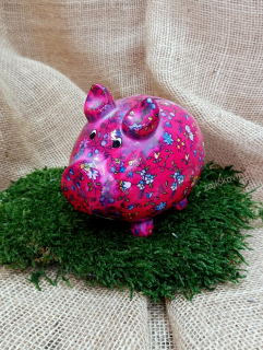 Pokladnička prasátko, růžové s květy, 15 cm