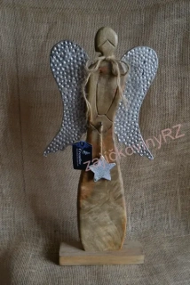 Dřevěný anděl XL, kovová křídla, STŘÍBRNÁ, 50 cm