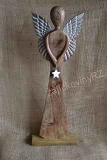 Dřevěný anděl XXL, kovová křídla, STŘÍBRNÁ, 60 cm