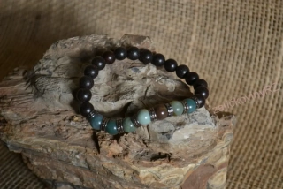 Náramek s korálky ze santalového dřeva, achát indický, tyrkysové korálky, průměr kuličky 8 mm