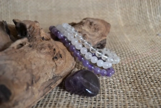 Náramky sada fialová 3 ks korálek 6 mm + 1ks kámen ametyst 3-4 cm