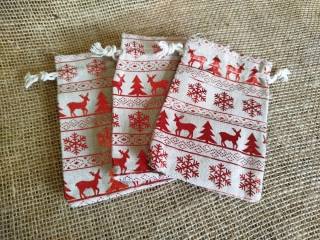 Sáček plátěný 1ks, béžový, dekor červené vánoce 10x14 cm