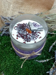 Vonná svíčka  s minerály, AMETYSTOVÁ DRÚZA, granát, velká, 400g