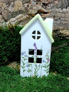 Domeček na svíčku, bílý s rostlinkami, 14 cm