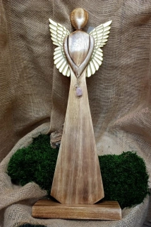 Dřevěný anděl XXL, kovová křídla, ZLATÁ, RŮŽENÍN, 60 CM